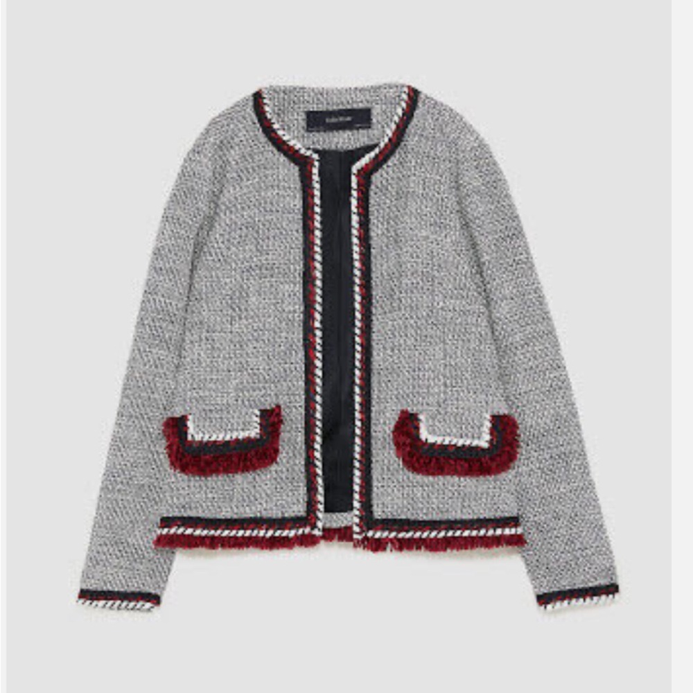 Zara Gray and Red Tweed Blazer with Elegant Trim Detailing